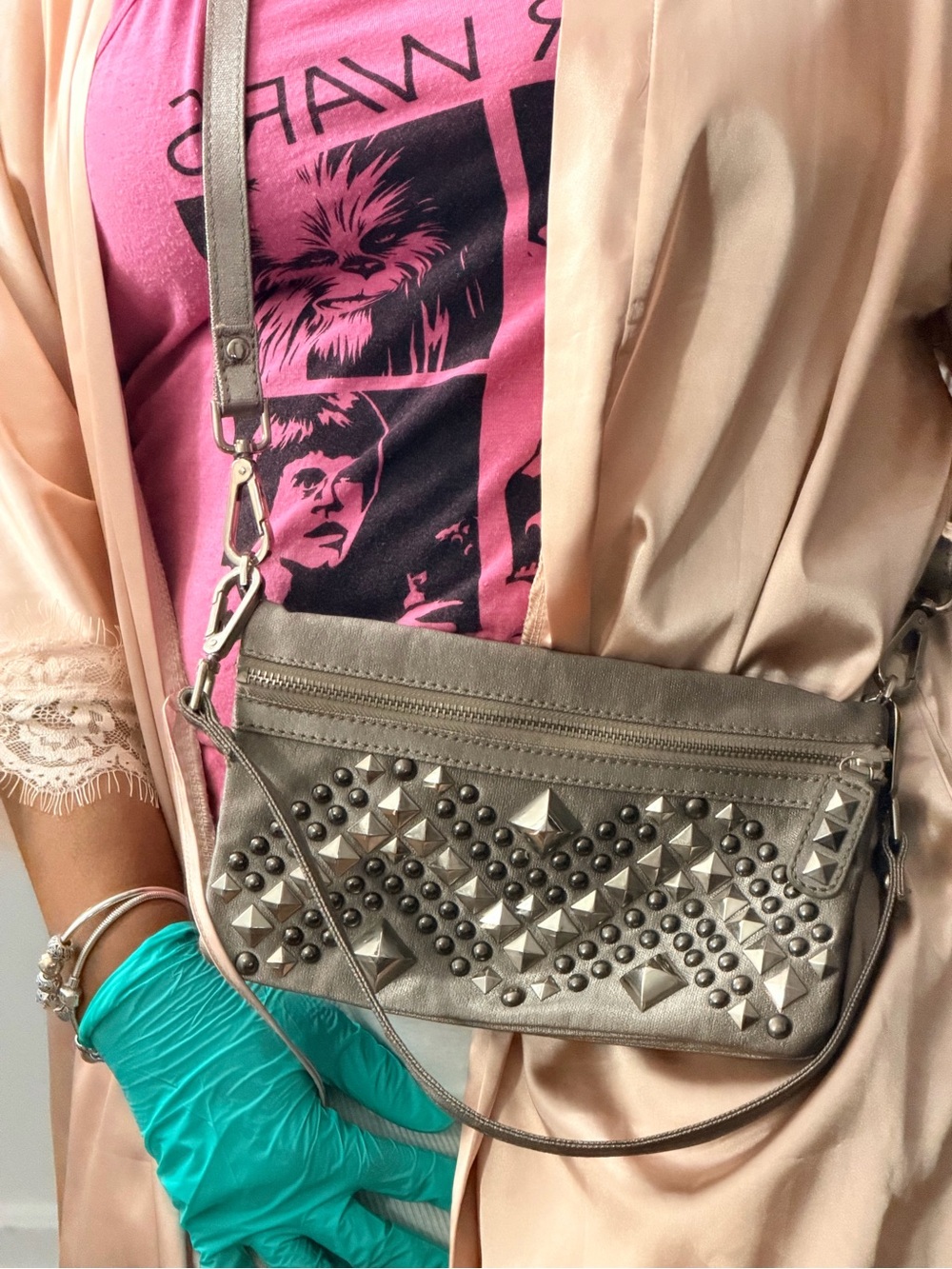 designer studded Nicole Lee suede grey crossbody